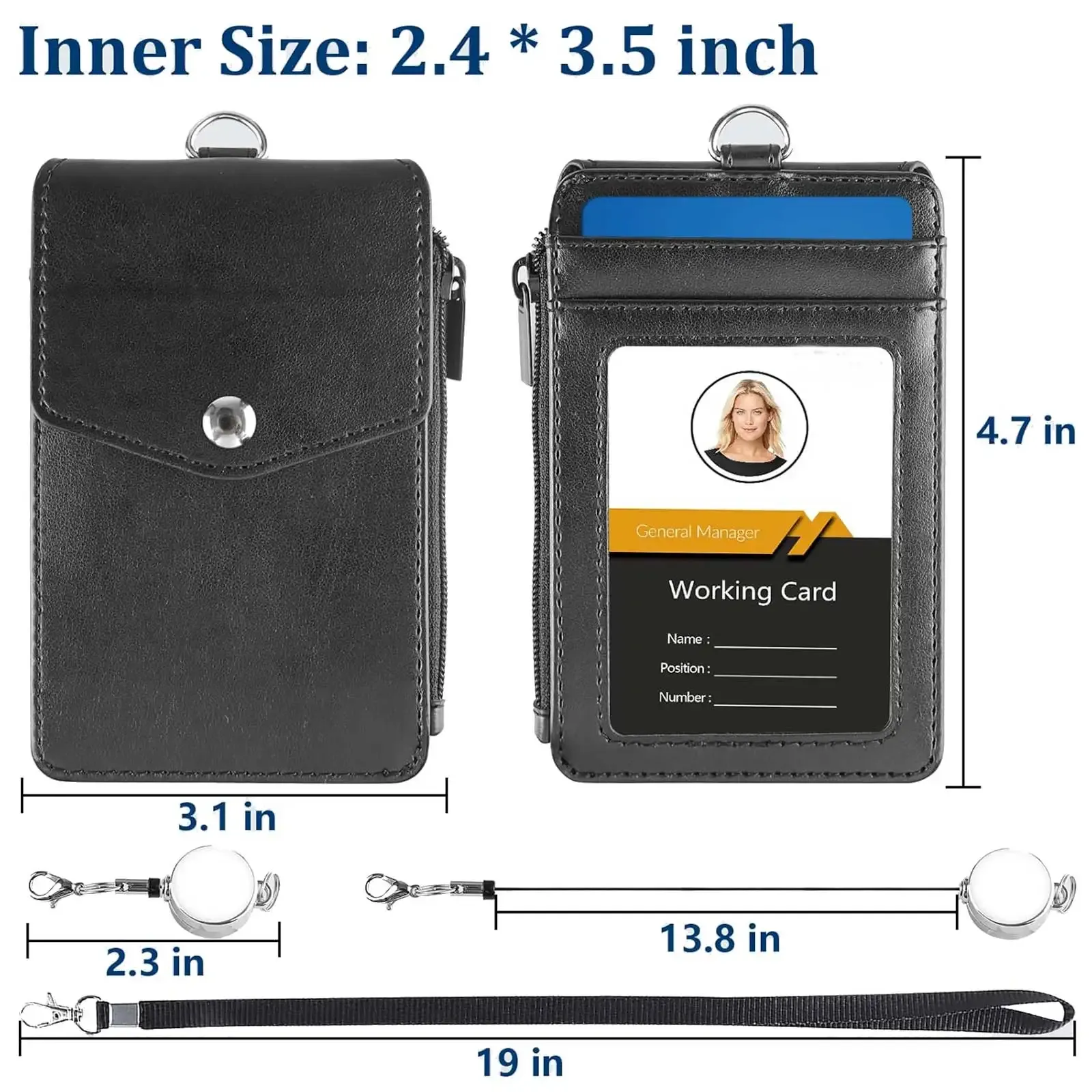 Porte-badge en cuir avec cordon et enrouleur rétractable, 4 emplacements pour cartes et poche zippée 3