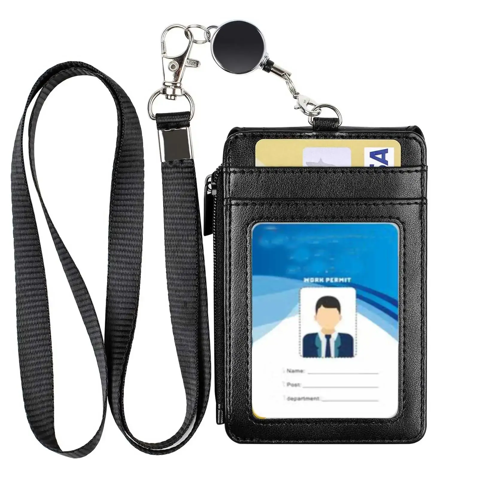 Porte-badge en cuir avec cordon et enrouleur rétractable, 4 emplacements pour cartes et poche zippée 8