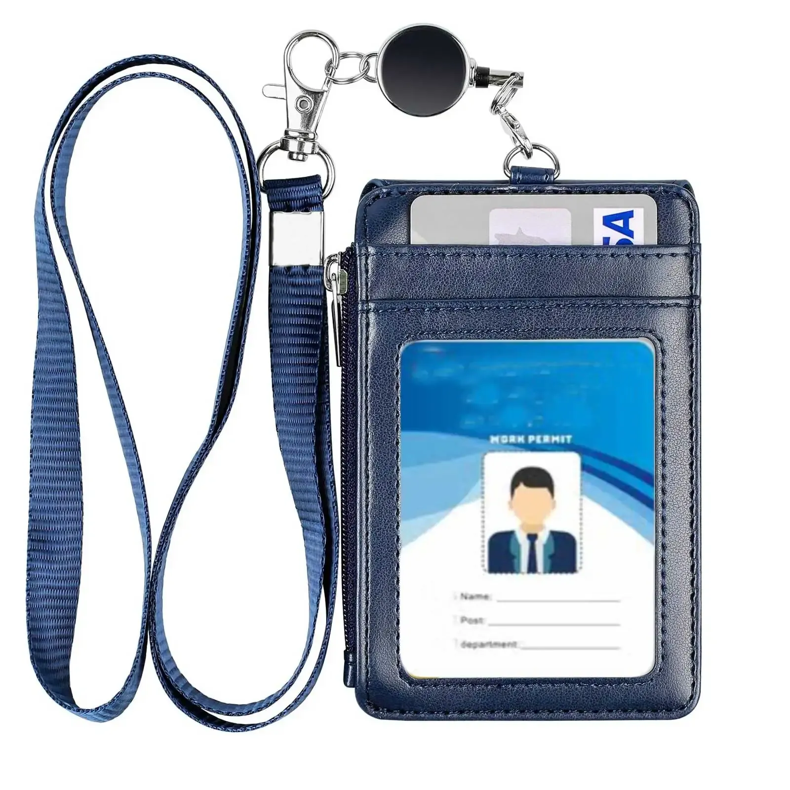 Porte-badge en cuir avec cordon et enrouleur rétractable, 4 emplacements pour cartes et poche zippée 7
