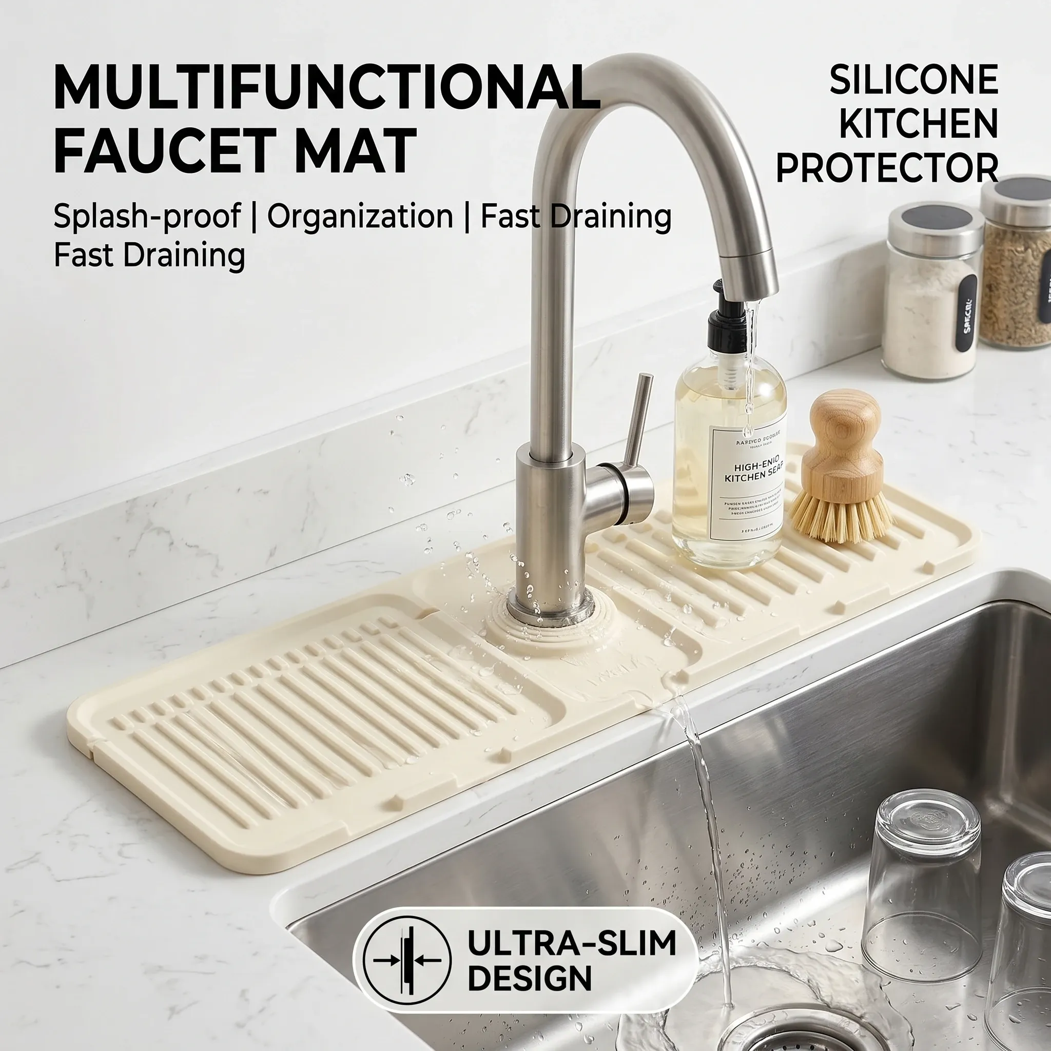 Tapis d'égouttage pliable en silicone pour robinet, tampon anti-éclaboussures polyvalent, rangement pour savon de toilette, conception en pente pour un égouttage rapide, cuisine 4