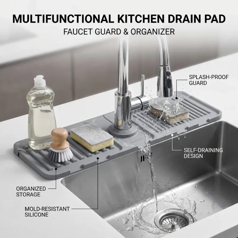 Tapis d'égouttage pliable en silicone pour robinet, tampon anti-éclaboussures polyvalent, rangement pour savon de toilette, conception en pente pour un égouttage rapide, cuisine 5