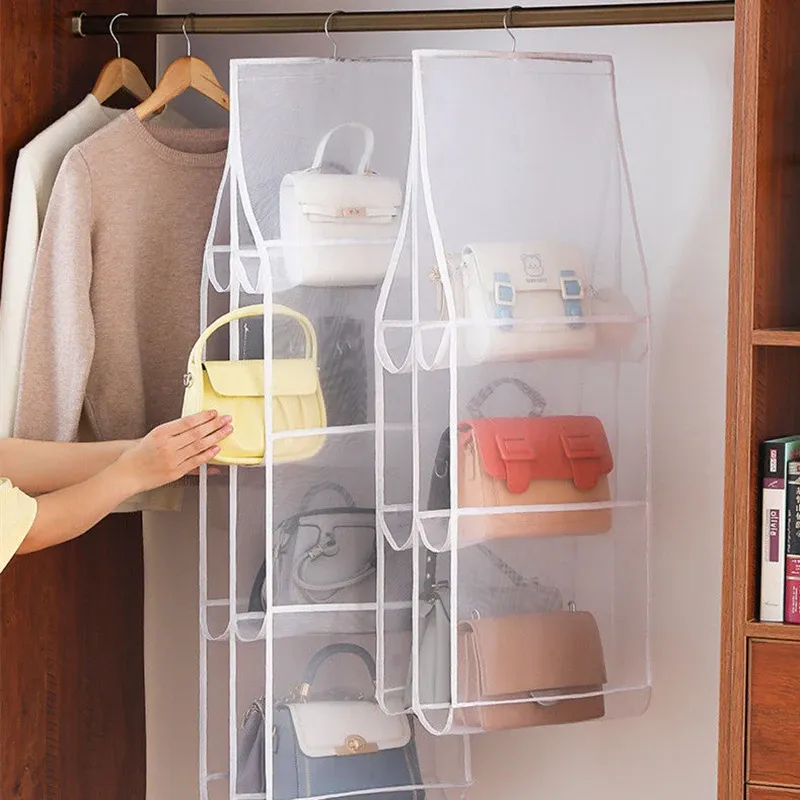Sac de rangement transparent pour armoire, porte ou mur, adapté aux sacs à main, chaussures et accessoires