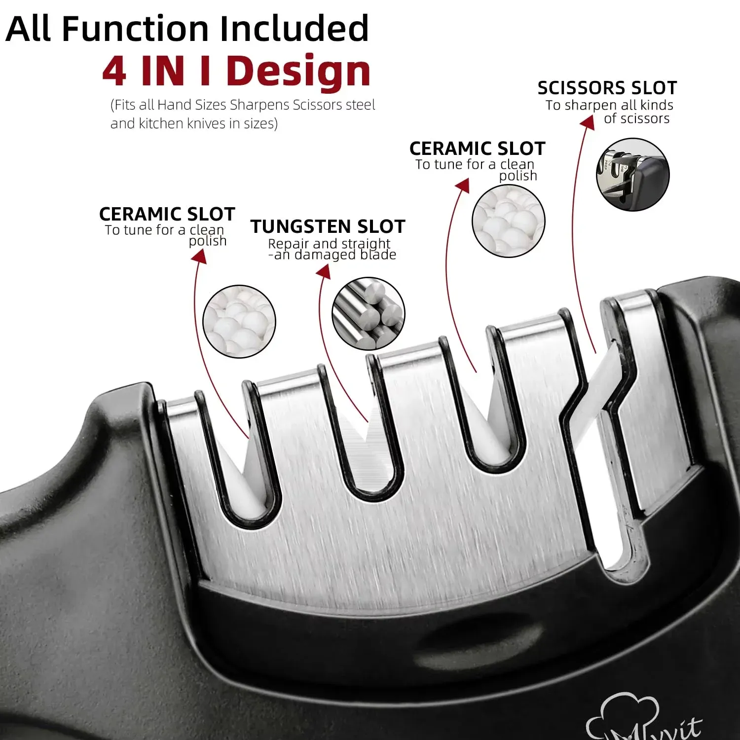 Affûteur de couteaux 3 en 1 antidérapant, manuel, compatible avec tous les formats de couteaux de cuisine, 3 étapes d'affûtage, finition noire mate, design ergonomique 2