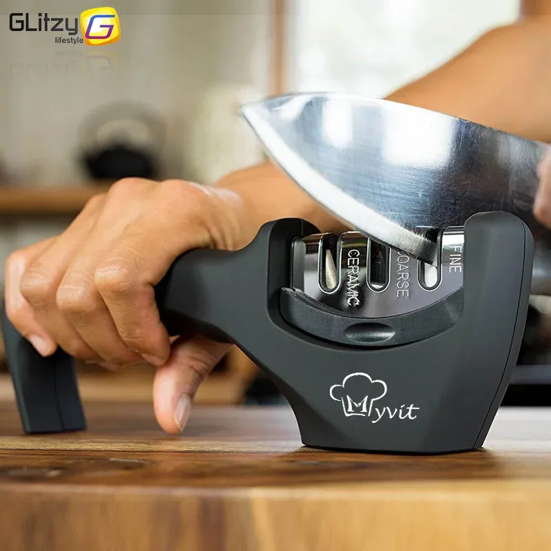 Affûteur de couteaux 3 en 1 antidérapant, manuel, compatible avec tous les formats de couteaux de cuisine, 3 étapes d'affûtage, finition noire mate, design ergonomique 1