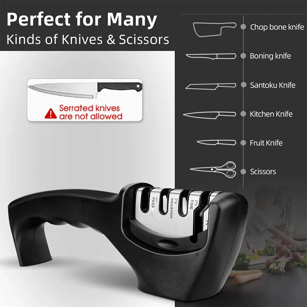 Affûteur de couteaux 3 en 1 antidérapant, manuel, compatible avec tous les formats de couteaux de cuisine, 3 étapes d'affûtage, finition noire mate, design ergonomique 3