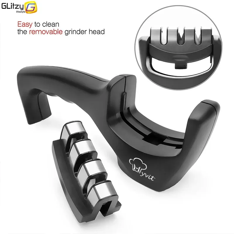Affûteur de couteaux 3 en 1 antidérapant, manuel, compatible avec tous les formats de couteaux de cuisine, 3 étapes d'affûtage, finition noire mate, design ergonomique 5