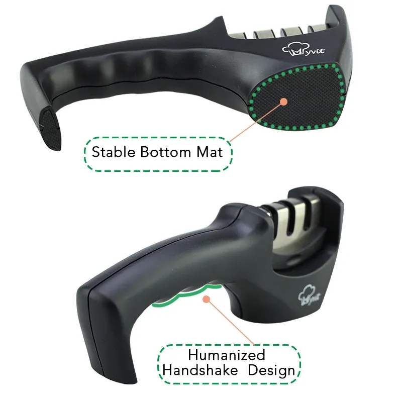 Affûteur de couteaux 3 en 1 antidérapant, manuel, compatible avec tous les formats de couteaux de cuisine, 3 étapes d'affûtage, finition noire mate, design ergonomique 6