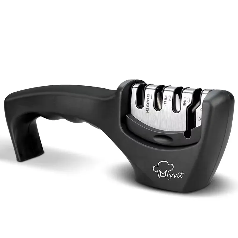 Affûteur de couteaux 3 en 1 antidérapant, manuel, compatible avec tous les formats de couteaux de cuisine, 3 étapes d'affûtage, finition noire mate, design ergonomique 7
