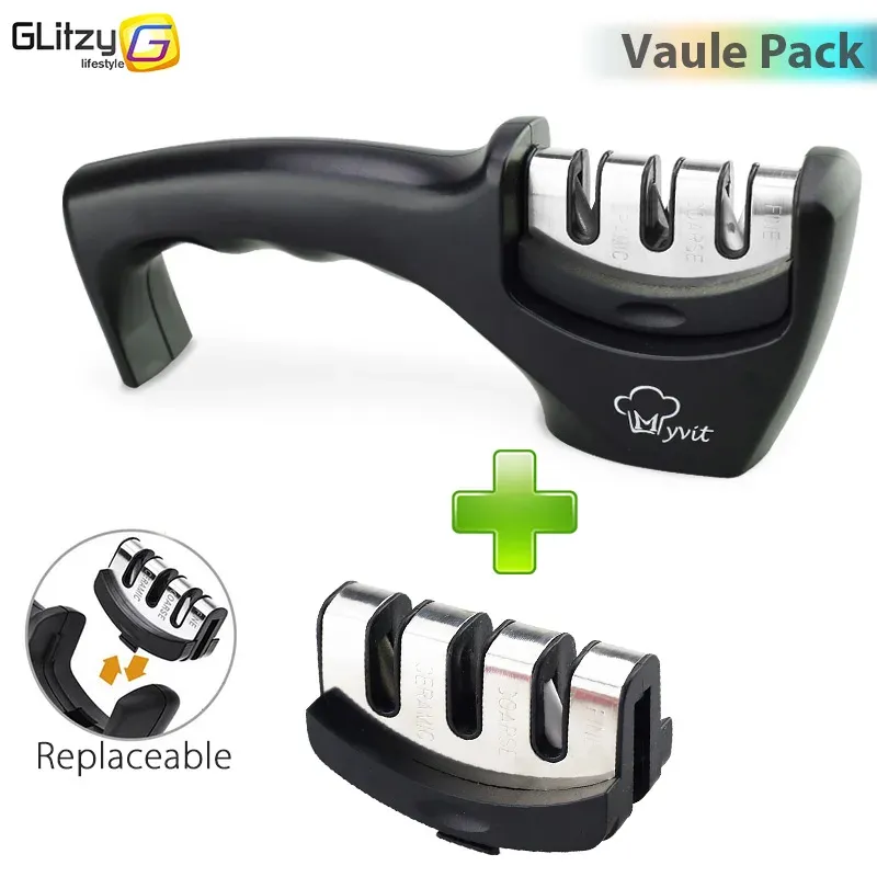 Affûteur de couteaux 3 en 1 antidérapant, manuel, compatible avec tous les formats de couteaux de cuisine, 3 étapes d'affûtage, finition noire mate, design ergonomique 9