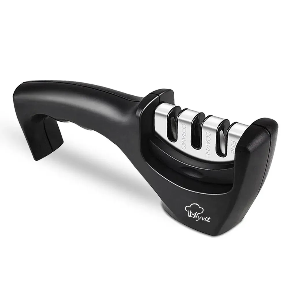 Affûteur de couteaux 3 en 1 antidérapant, manuel, compatible avec tous les formats de couteaux de cuisine, 3 étapes d'affûtage, finition noire mate, design ergonomique 8