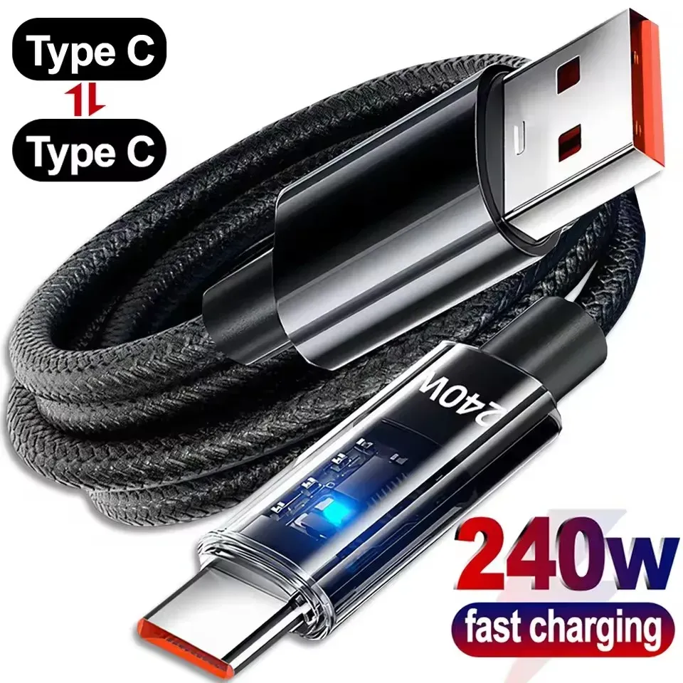 Câble USB-C vers USB-C 240 W à charge rapide, transfert de données haute vitesse, affichage numérique, gaine en nylon, compatible iPhone et Samsung - Image 1