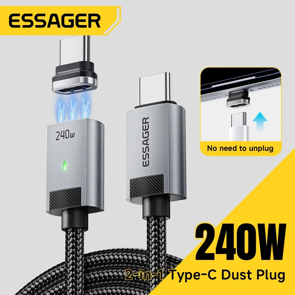 Câble de charge magnétique Essager 240 W avec marqueur E, USB-C vers USB-C, charge rapide PD 3.1 pour iPhone 17, iPhone 16, Samsung S25, iPad et ordinateur portable 1