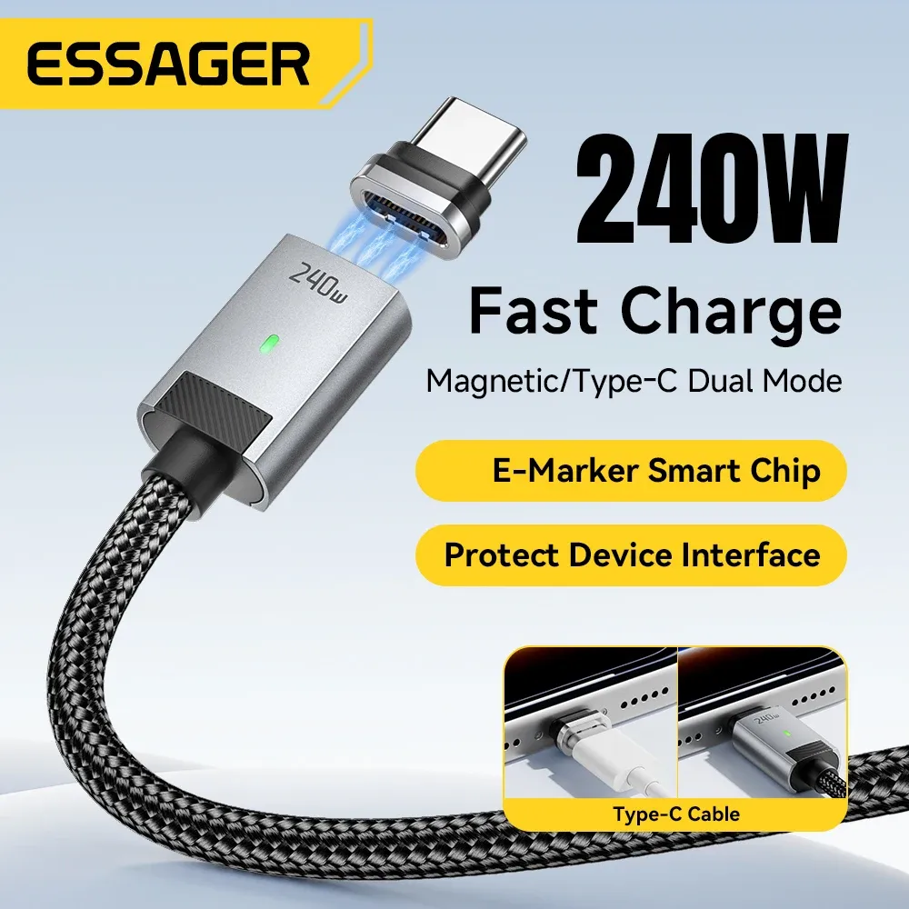 Câble de charge magnétique Essager 240 W avec marqueur E, USB-C vers USB-C, charge rapide PD 3.1 pour iPhone 17, iPhone 16, Samsung S25, iPad et ordinateur portable 2