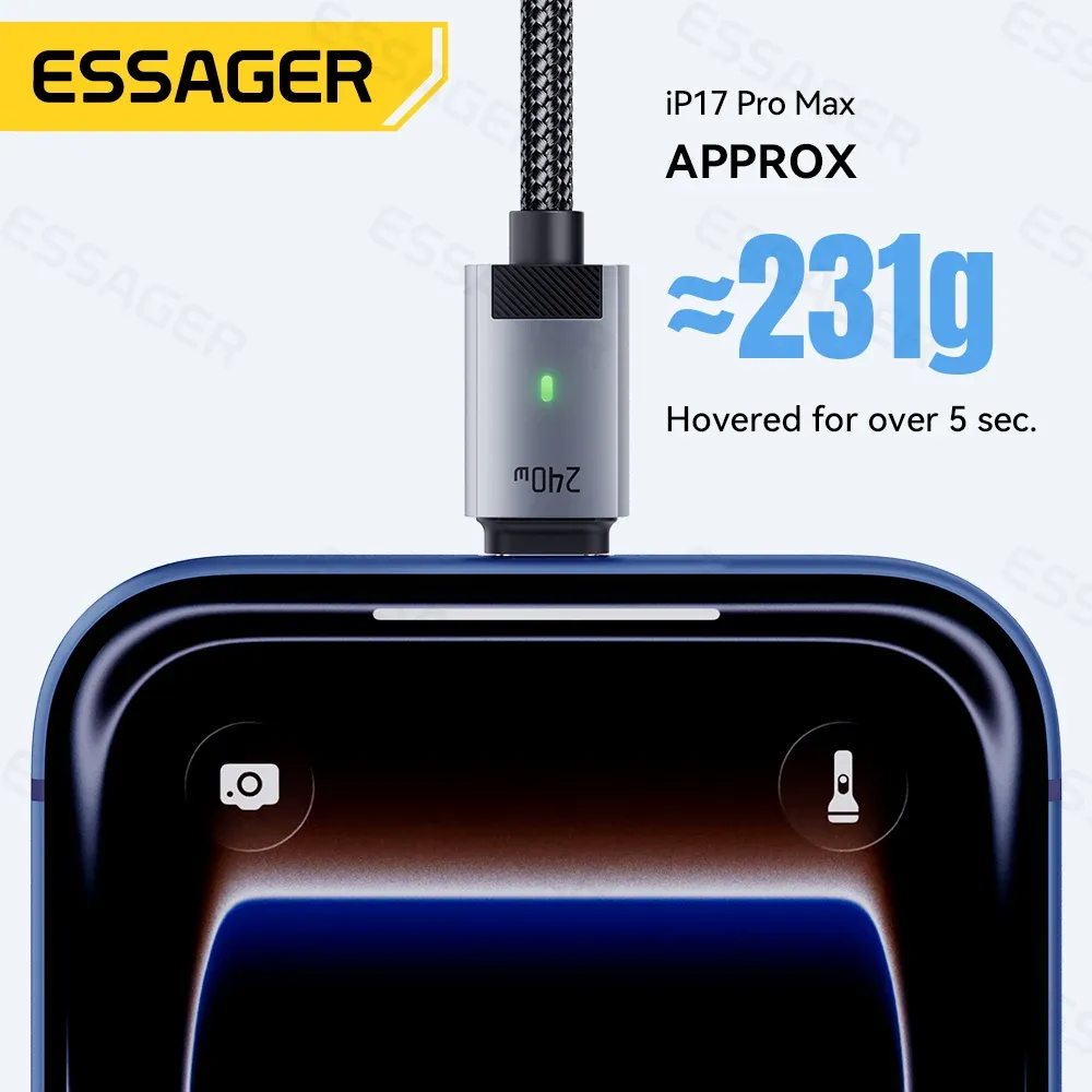 Câble de charge magnétique Essager 240 W avec marqueur E, USB-C vers USB-C, charge rapide PD 3.1 pour iPhone 17, iPhone 16, Samsung S25, iPad et ordinateur portable 6