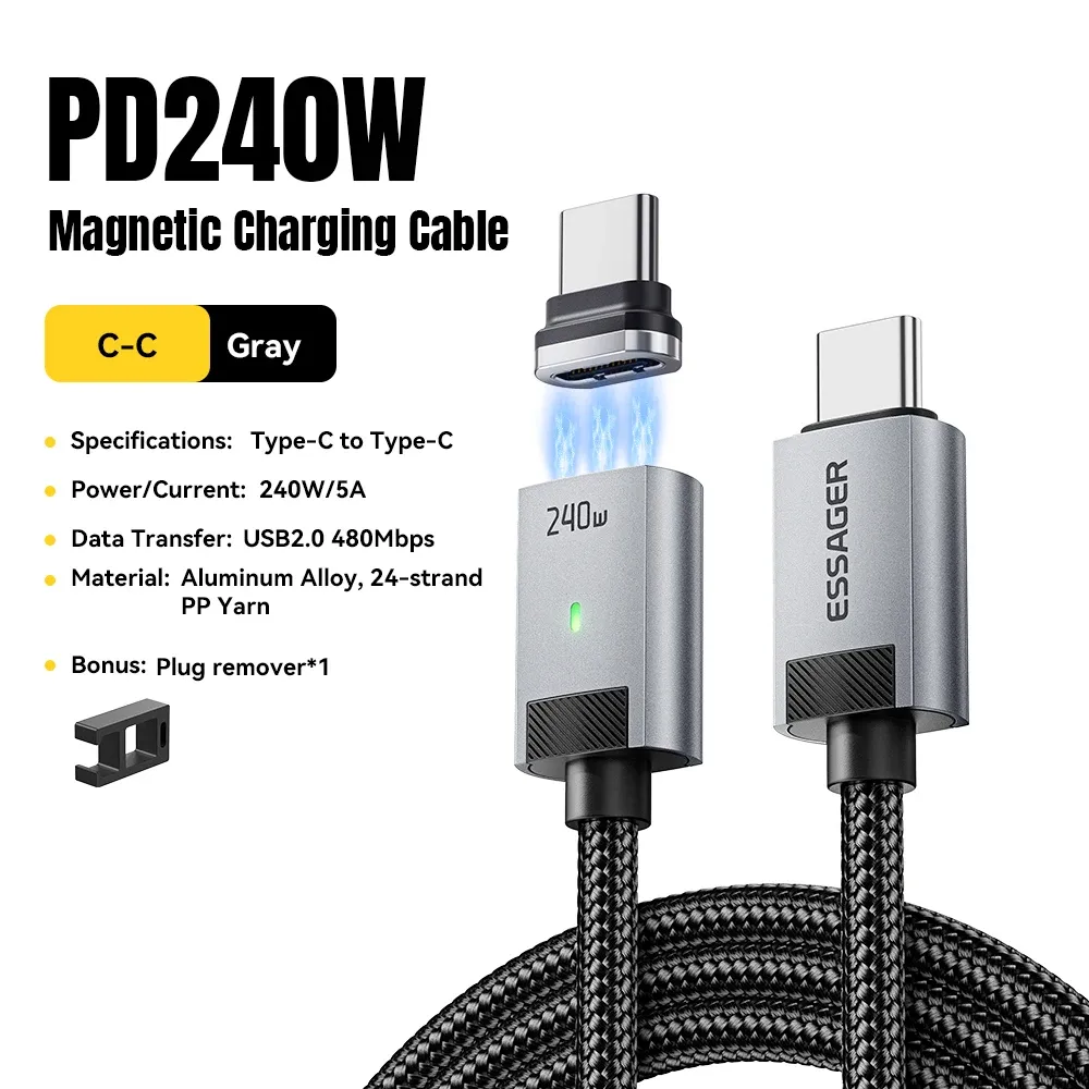 Câble de charge magnétique Essager 240 W avec marqueur E, USB-C vers USB-C, charge rapide PD 3.1 pour iPhone 17, iPhone 16, Samsung S25, iPad et ordinateur portable 11