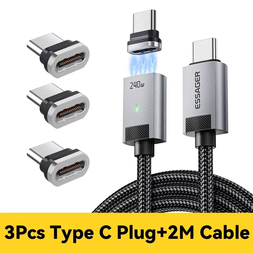 Câble de charge magnétique Essager 240 W avec marqueur E, USB-C vers USB-C, charge rapide PD 3.1 pour iPhone 17, iPhone 16, Samsung S25, iPad et ordinateur portable 13