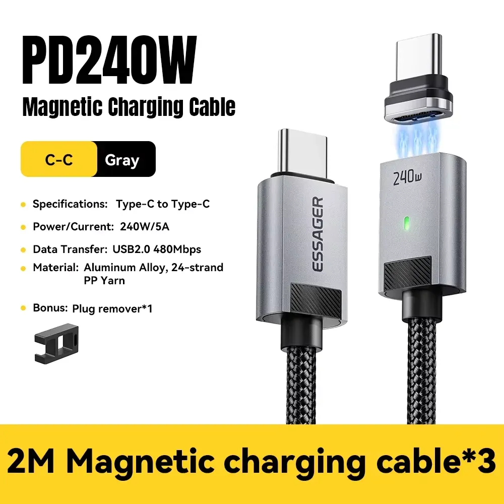 Câble de charge magnétique Essager 240 W avec marqueur E, USB-C vers USB-C, charge rapide PD 3.1 pour iPhone 17, iPhone 16, Samsung S25, iPad et ordinateur portable 8