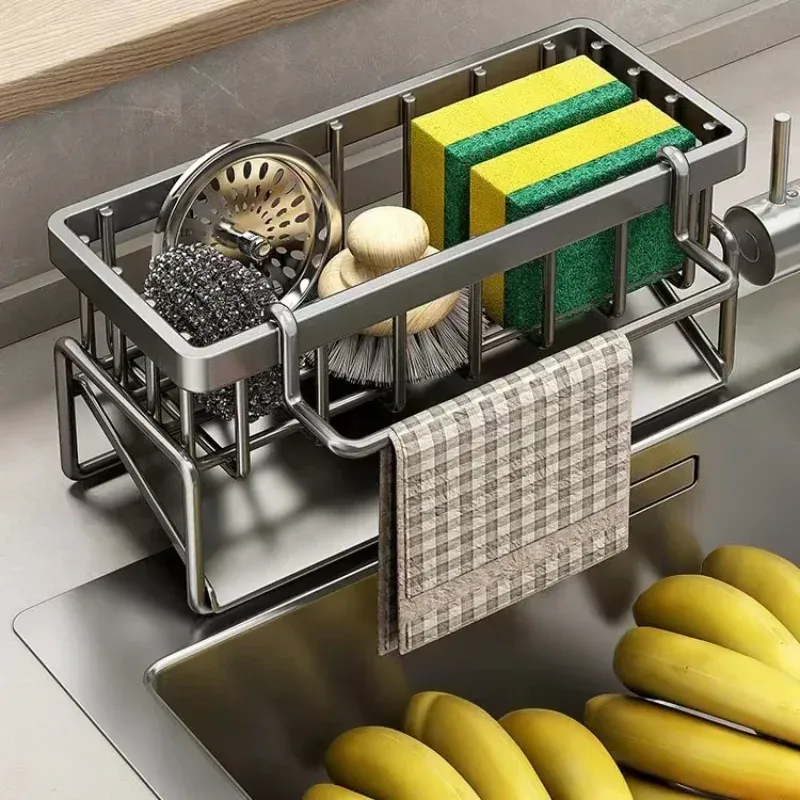 Égouttoir d'évier de cuisine en acier inoxydable auto-drainant, avec support pour savon et éponge, porte-serviettes et panier filtrant