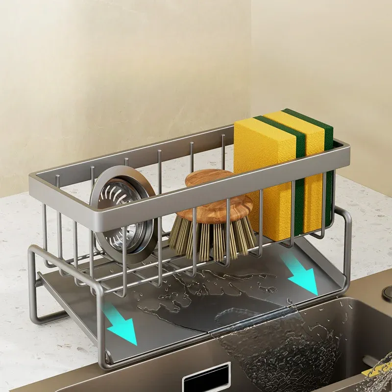 Égouttoir d'évier de cuisine en acier inoxydable auto-drainant, avec support pour savon et éponge, porte-serviettes et panier filtrant 2