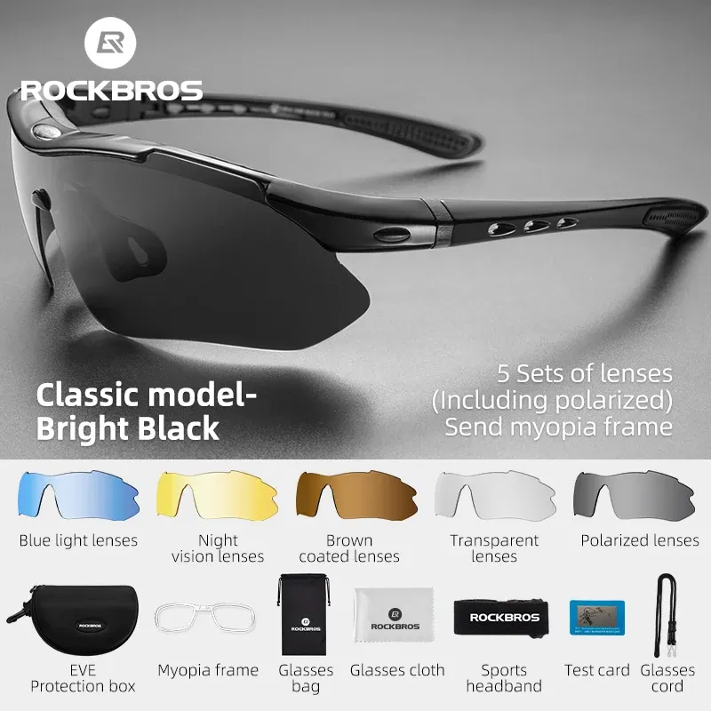 Lunettes de cyclisme polarisées ROCKBROS – Lunettes de soleil de sport pour VTT et route – Monture en PC – Kit 5 verres - Image 1
