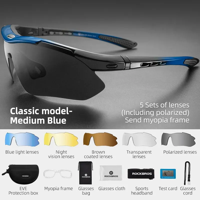 Lunettes de cyclisme polarisées ROCKBROS – Lunettes de soleil de sport pour VTT et route – Monture en PC – Kit 5 verres 7