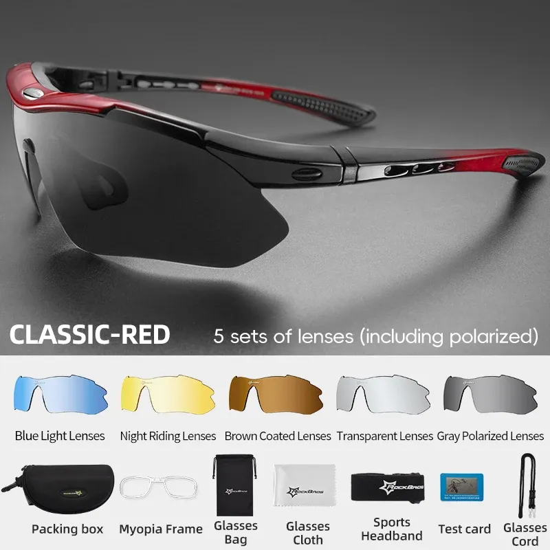 Lunettes de cyclisme polarisées ROCKBROS – Lunettes de soleil de sport pour VTT et route – Monture en PC – Kit 5 verres 8
