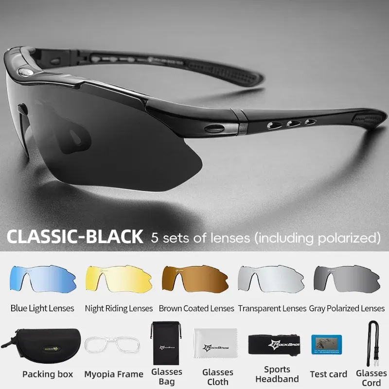 Lunettes de cyclisme polarisées ROCKBROS – Lunettes de soleil de sport pour VTT et route – Monture en PC – Kit 5 verres 10