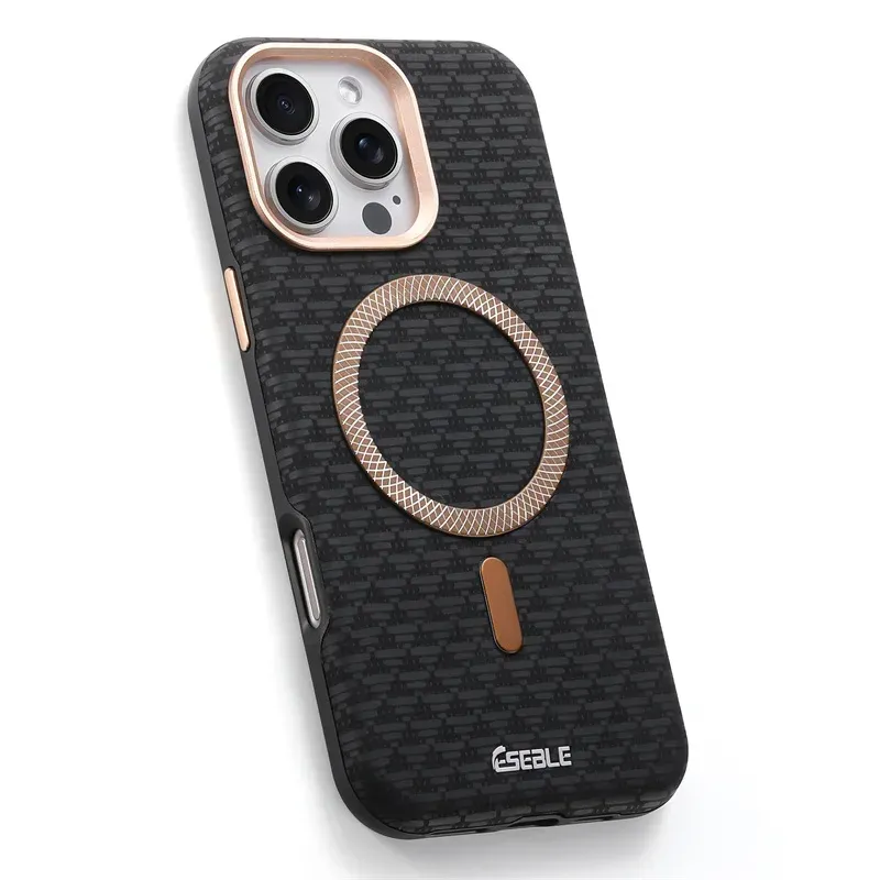 Coque en cuir de luxe à finition fibre de carbone pour iPhone 13 à 18 Pro Max, compatible MagSafe, anti-chute 3
