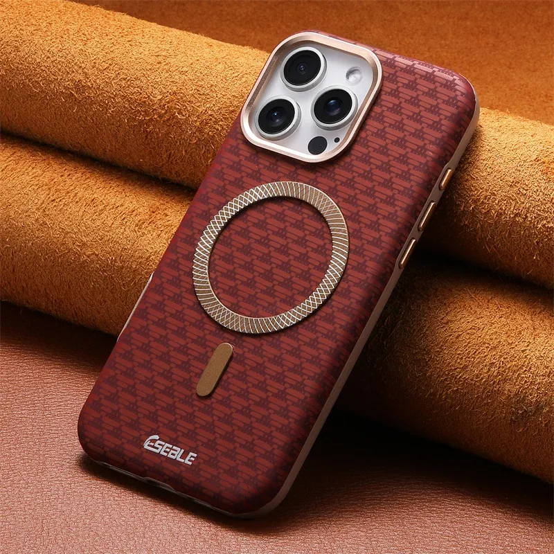 Coque en cuir de luxe à finition fibre de carbone pour iPhone 13 à 18 Pro Max, compatible MagSafe, anti-chute 7