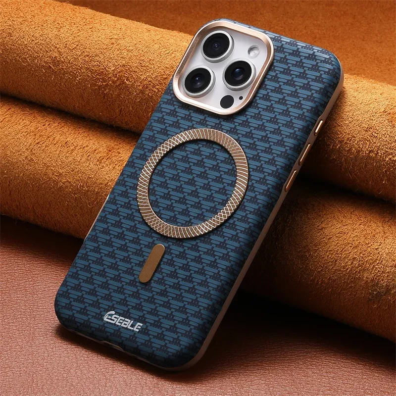 Coque en cuir de luxe à finition fibre de carbone pour iPhone 13 à 18 Pro Max, compatible MagSafe, anti-chute 8