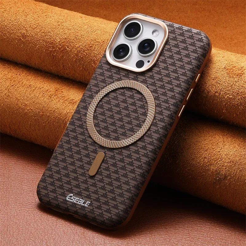 Coque en cuir de luxe à finition fibre de carbone pour iPhone 13 à 18 Pro Max, compatible MagSafe, anti-chute 10