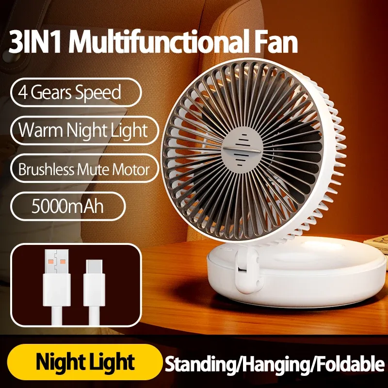 Ventilateur mural portable pliable 3 en 1 rechargeable, batterie 5000 mAh, 4 vitesses, oscillation 90° et lumière nocturne chaude 10