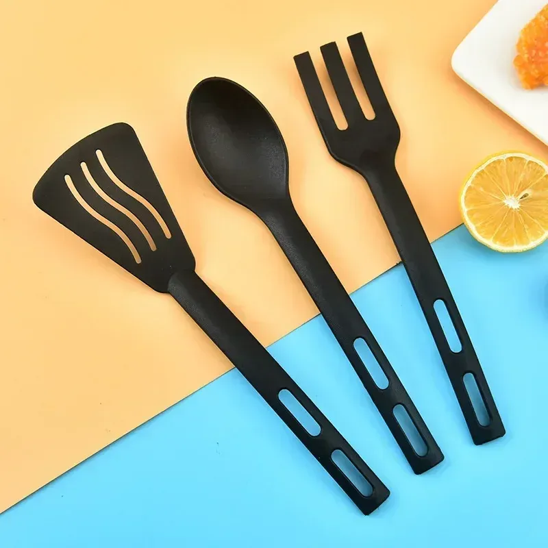Ensemble de 3 ustensiles de cuisine en nylon pour enfants : cuillère, fourchette et pelle à fente rotative