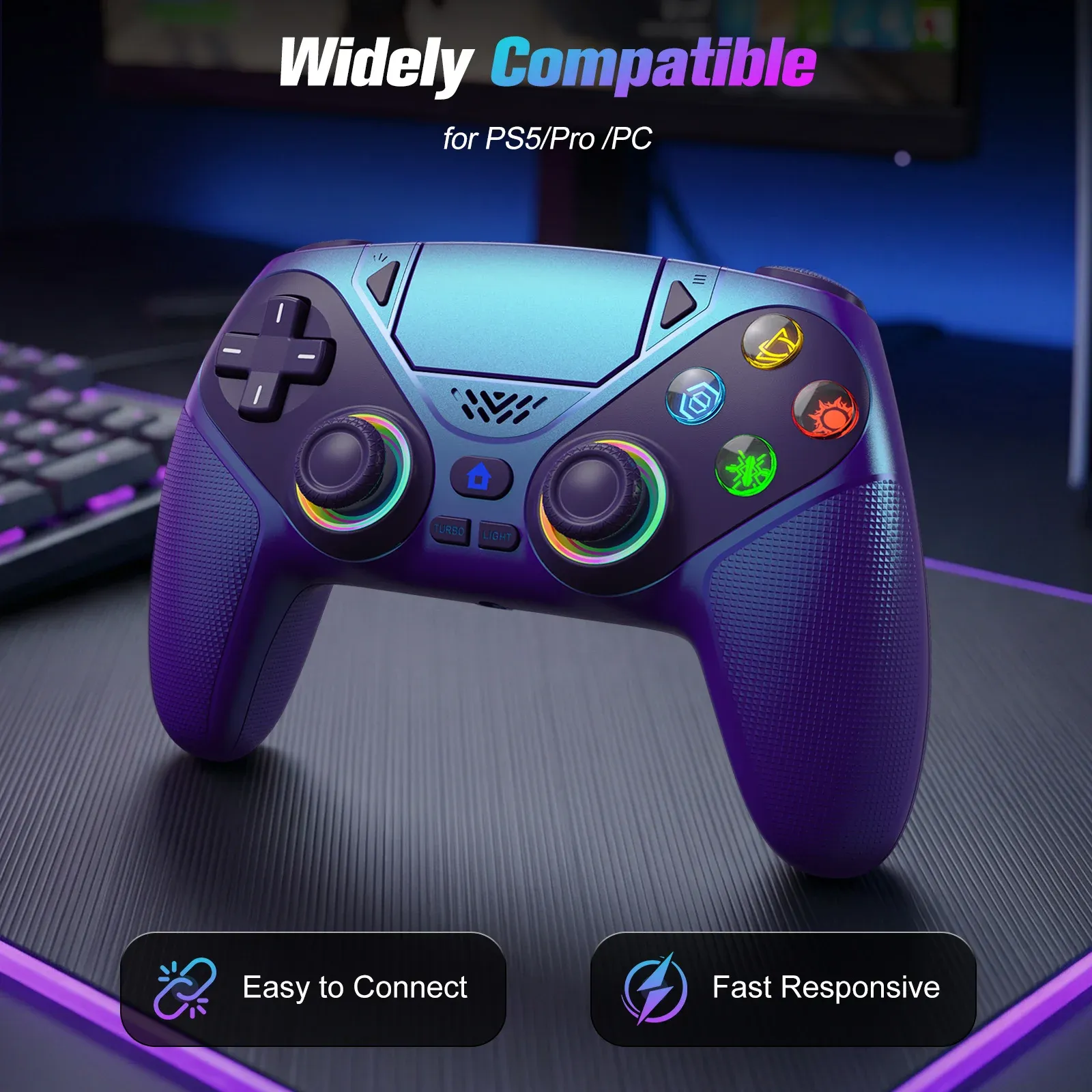 Manette de jeu sans fil RGB pour PS5 vue de face