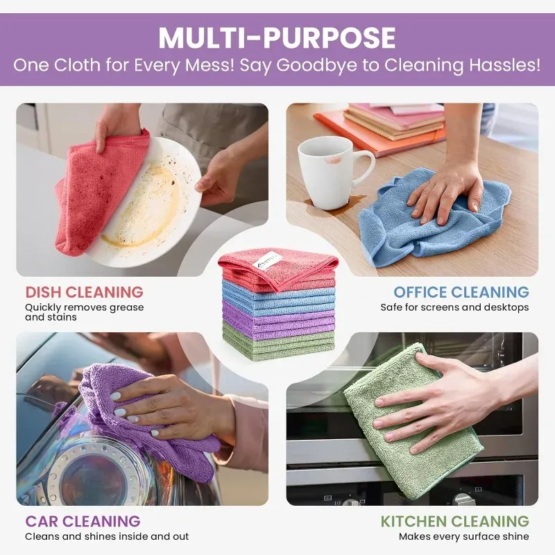 Chiffons de nettoyage en microfibre réutilisables, lot de 5, 10 ou 25 pièces, coloris assortis, pour voiture, cuisine et salle de bain 6