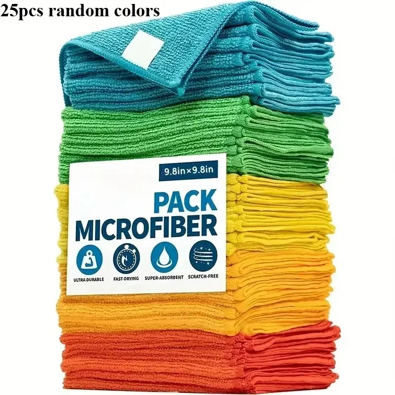 Chiffons de nettoyage en microfibre réutilisables, lot de 5, 10 ou 25 pièces, coloris assortis, pour voiture, cuisine et salle de bain 9