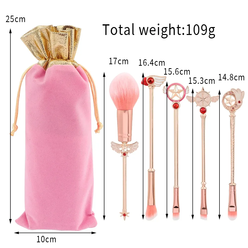 Ensemble de 5 pinceaux de maquillage doux à manche en métal, thème Card Captor Sakura 2