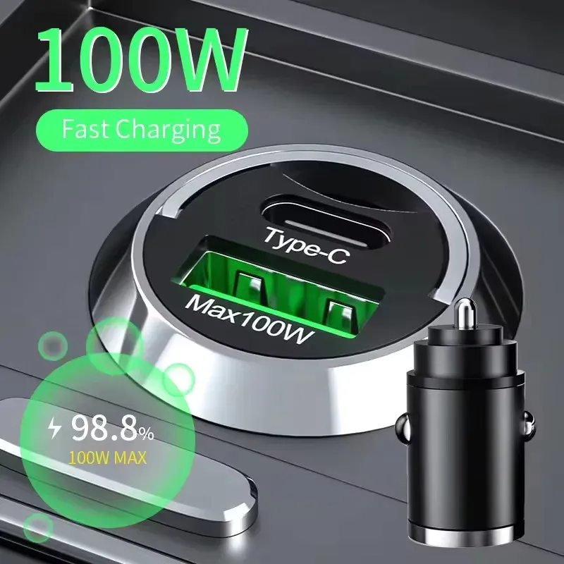 Chargeur de voiture USB-C 100 W à charge rapide, double port, compatible Xiaomi, Samsung et Huawei