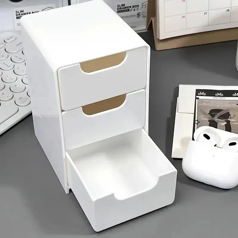 Organisateur à 3 niveaux en plastique pour cosmétiques avec tiroirs, rangement de comptoir multifonctionnel pour bijoux et fournitures de bureau 2