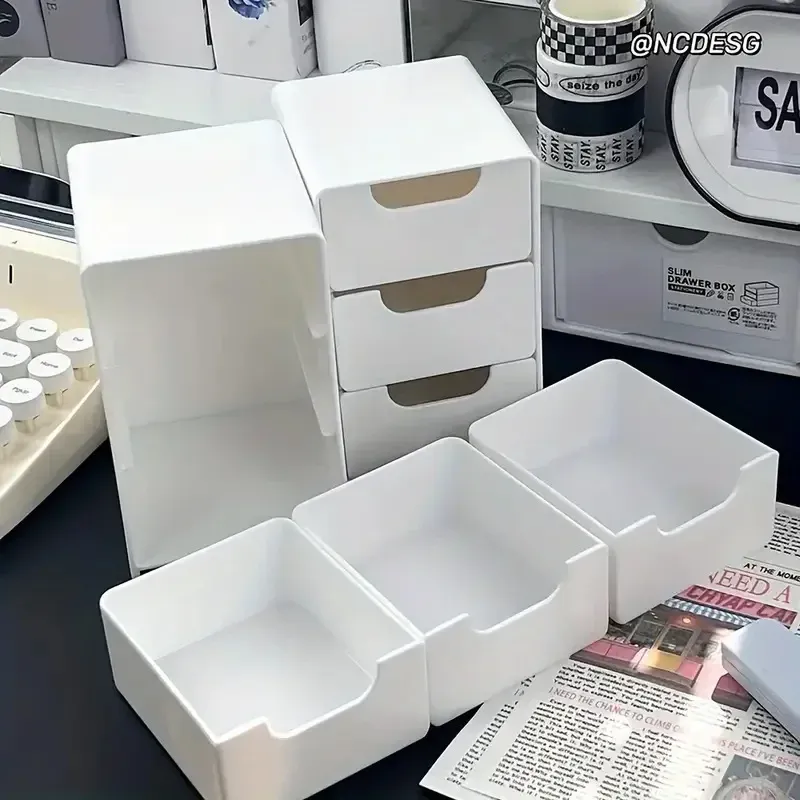 Organisateur à 3 niveaux en plastique pour cosmétiques avec tiroirs, rangement de comptoir multifonctionnel pour bijoux et fournitures de bureau 5