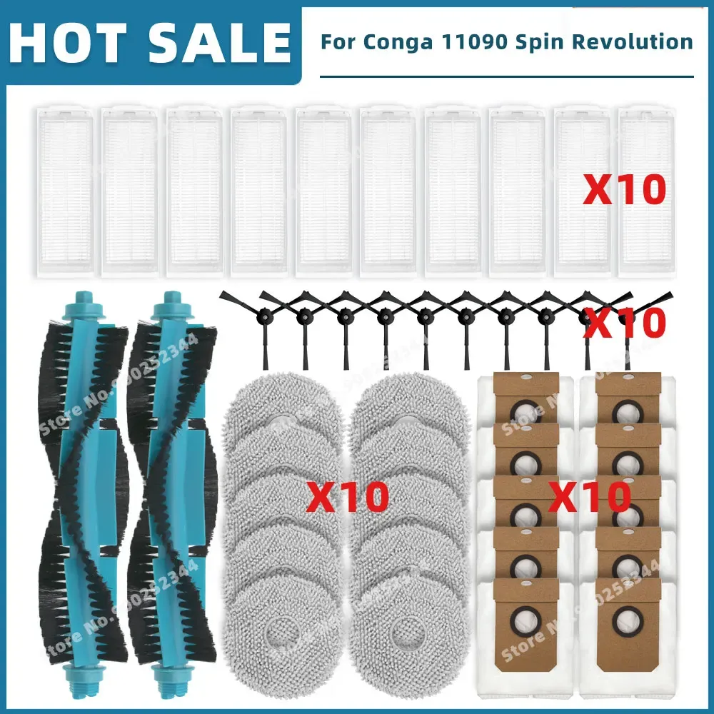 Pièces de rechange compatibles pour aspirateur Cecotec Conga 11090 / 13090 Spin Revolution : filtre, brosse latérale, balai-serpillière et sac à poussière 11