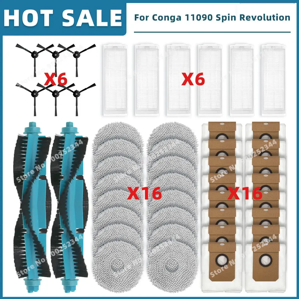 Pièces de rechange compatibles pour aspirateur Cecotec Conga 11090 / 13090 Spin Revolution : filtre, brosse latérale, balai-serpillière et sac à poussière 12