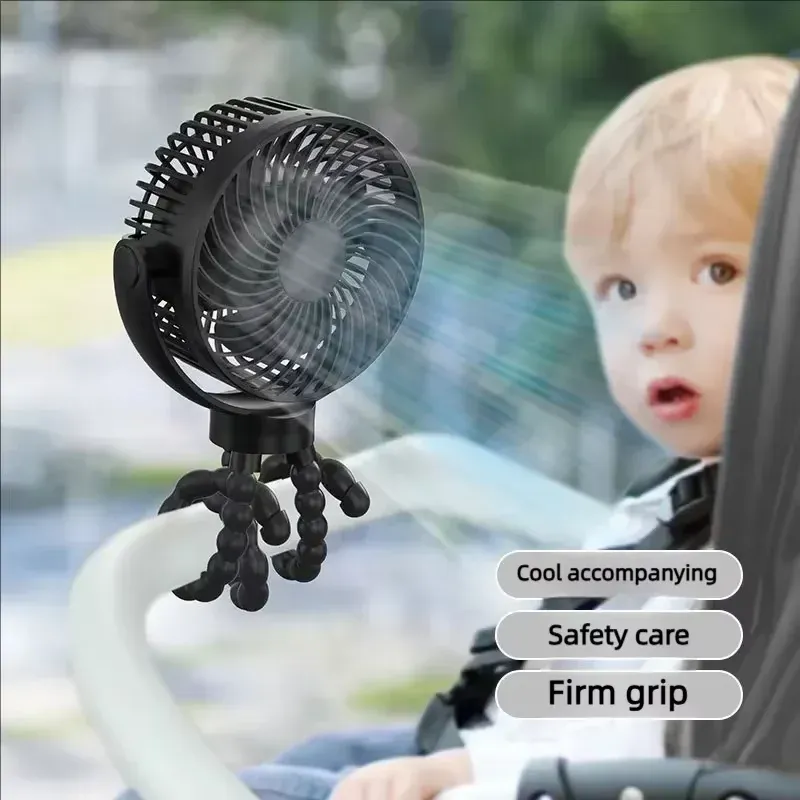 Mini ventilateur de poussette 3 vitesses pour bébé avec lumière LED, portable, rechargeable par USB et support pour téléphone - Image 1