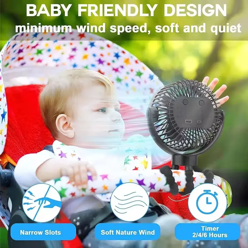 Mini ventilateur de poussette 3 vitesses pour bébé avec lumière LED, portable, rechargeable par USB et support pour téléphone 3