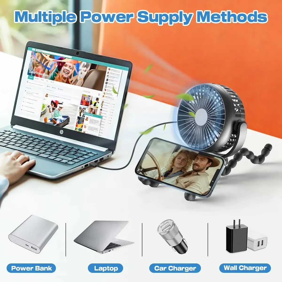 Mini ventilateur de poussette 3 vitesses pour bébé avec lumière LED, portable, rechargeable par USB et support pour téléphone 5