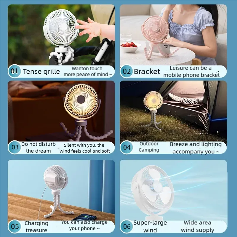 Mini ventilateur de poussette 3 vitesses pour bébé avec lumière LED, portable, rechargeable par USB et support pour téléphone 6