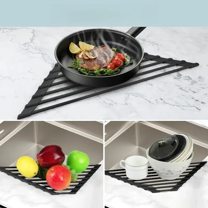 Égouttoir pliable posé dans un évier de cuisine moderne