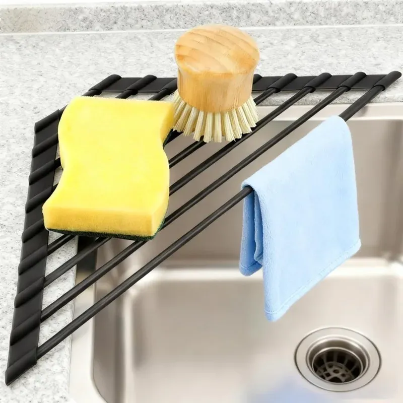 Égouttoir pliable triangulaire en acier inoxydable pour évier de cuisine, support de rangement pour bols et baguettes 11