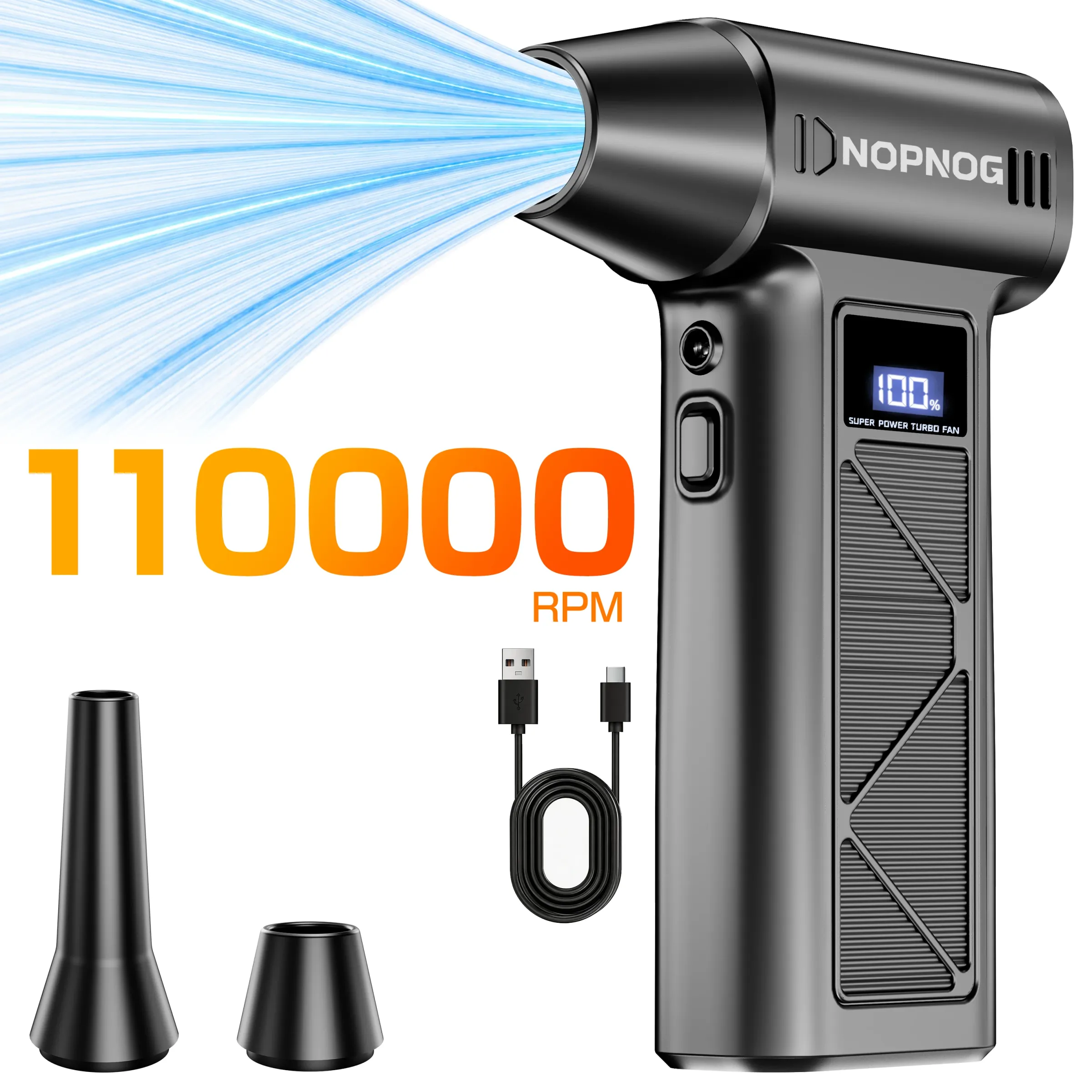 Souffleur à neige pour voiture, dépoussiéreur électrique portable, outil de nettoyage et de soufflage rechargeable USB-C, 4 vitesses, turbo, ventilateur 110 000 tr/min