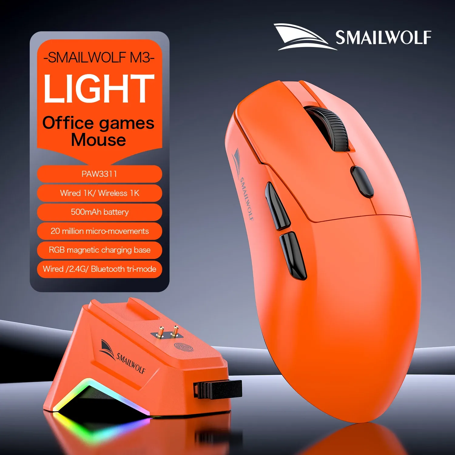 SMAILWOLF M3 PRO Souris sans fil Bluetooth tri-mode pour e-sport, compatible ordinateur portable et de bureau, capteur PAW3311, légère, idéale pour les jeux FPS 9